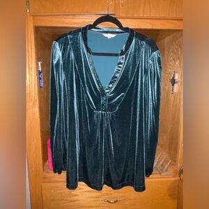 Terra & Sky Emerald Green Velvet V-Neck Long Sleeve Top